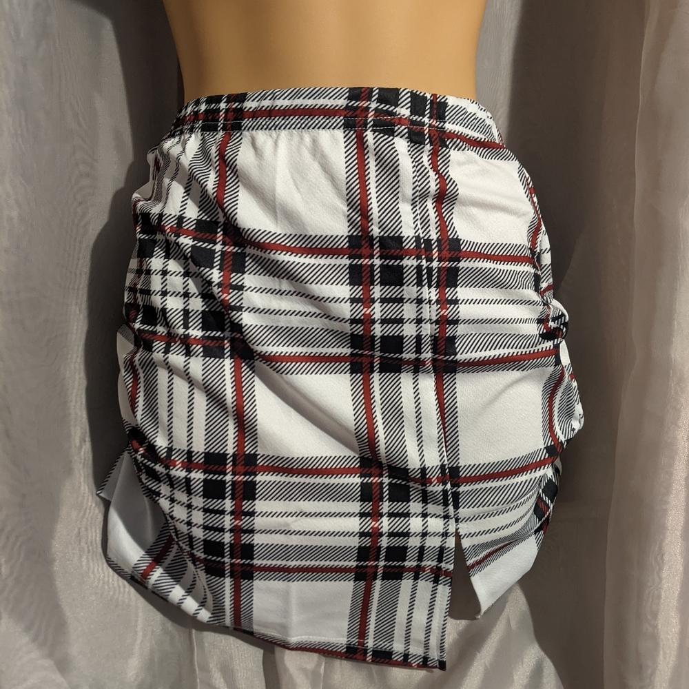 White & Red Plaid Mini Skirt with Slit
